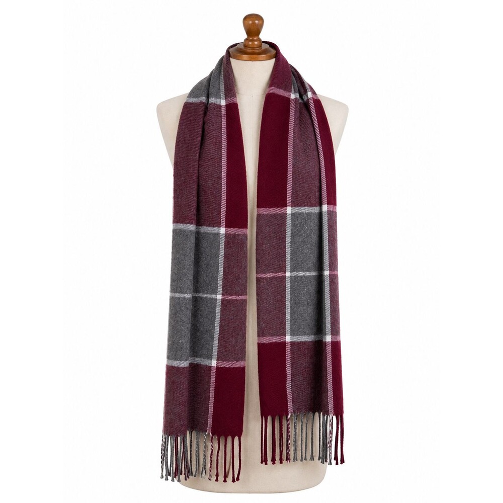Geoffrey Beene Cashme Acrylic Plaid Scarf Made in Italy Maroon Grey Fringe SOFT!